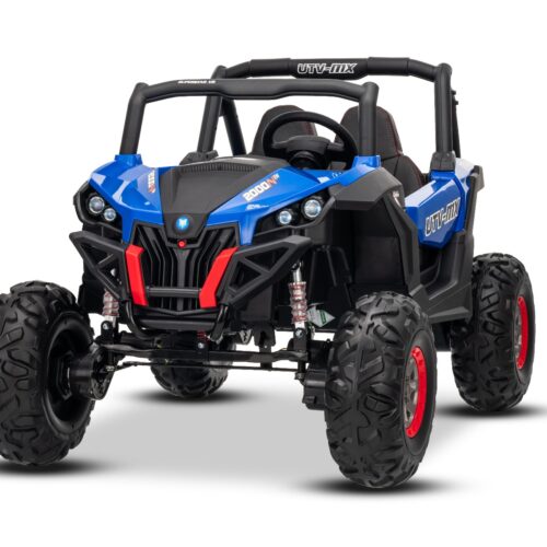 Mașinuță electrică de jucărie NEW RSX 24V, albastru, tracțiune 4×4, baterie litiu, roți EVA, suspensii, scaun din piele artificială cu două locuri, telecomandă, player MP3 cu intrare USB/AUX