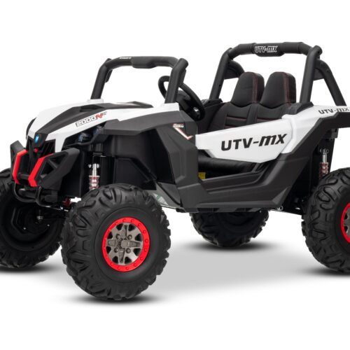 Mașinuță electrică de jucărie NEW RSX 24V, alb, tracțiune 4×4, baterie litiu, roți EVA, suspensii, scaun din piele artificială cu două locuri, telecomandă, player MP3 cu intrare USB/AUX