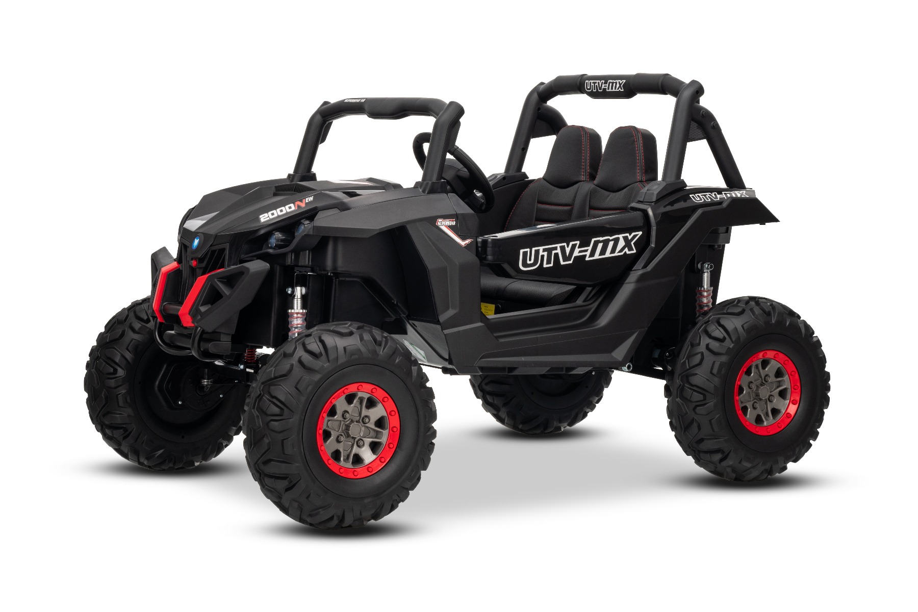 Mașinuță electrică de jucărie NEW RSX 24V, negru, tracțiune 4x4, baterie litiu, roți EVA, suspensii, scaun din piele artificială cu două locuri, telecomandă, player MP3 cu intrare USB/AUX