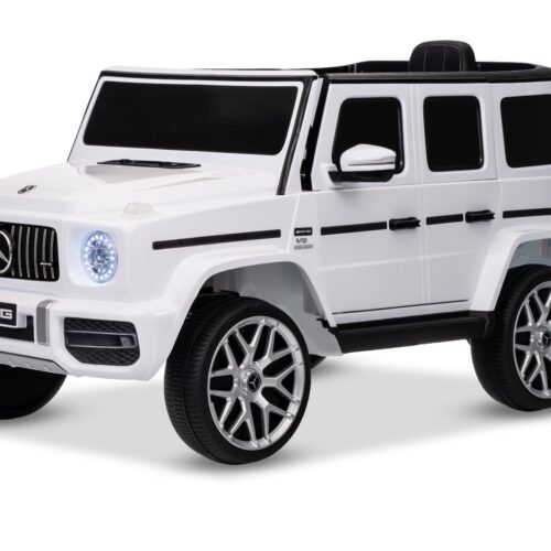 Mașinuță electrică Mercedes G63 12V, alb, scaun individual, suspensii față/spate, baterie litiu, telecomandă 2.4 GHz, 2XMOTOR, USB, Bluetooth, licență ORIGINALĂ