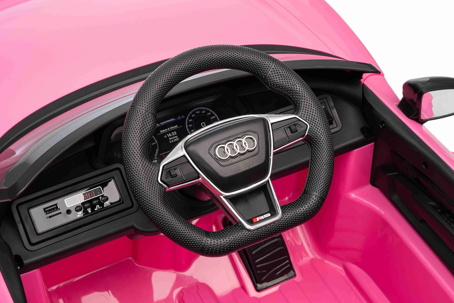 Maşinuţa electrica copii Audi RS E-tron GT 12V, roz, scaun lat, telecomandă 2.4 GHz, intrare USB / AUX, Bluetooth, suspensie, baterie litiu, lumini LED, motor 2 x 25W, licență ORIGINALĂ - imagine 14