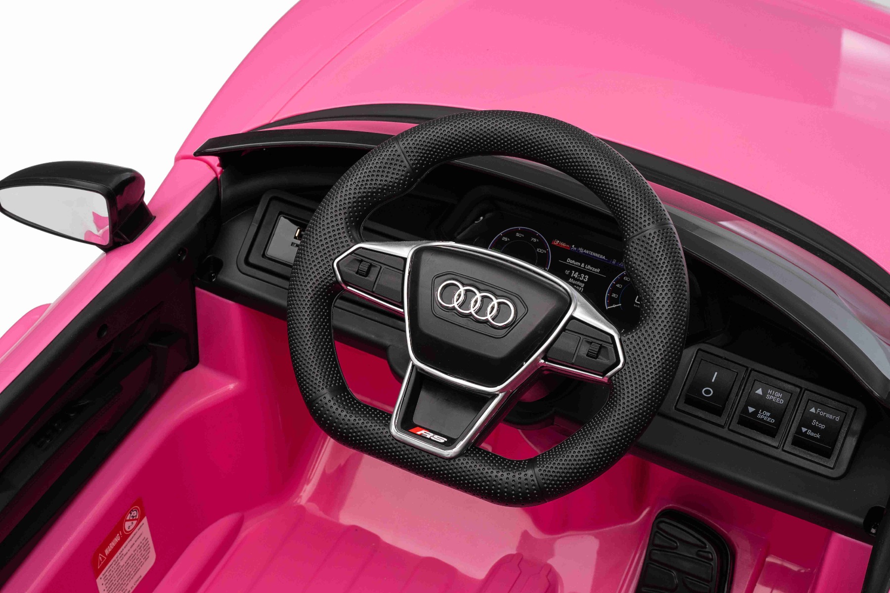 Maşinuţa electrica copii Audi RS E-tron GT 12V, roz, scaun lat, telecomandă 2.4 GHz, intrare USB / AUX, Bluetooth, suspensie, baterie litiu, lumini LED, motor 2 x 25W, licență ORIGINALĂ - imagine 15