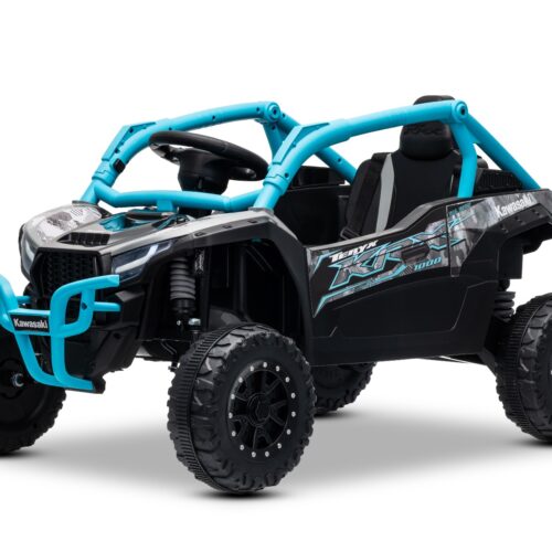 Mașinuță electrică de jucărie Kawasaki TERYX KRX 1000 12V, albastru, un scaun, suspensie punte spate, telecomandă 2.4 Ghz, baterie litiu, 2 motoare x 25W, rame de protecție care se deschid, player MP3 cu intrare USB/AUX, model cu licență