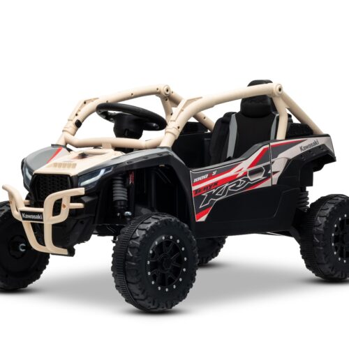 Mașinuță electrică de jucărie Kawasaki TERYX KRX 1000 12V, kaki, un scaun, suspensie punte spate, telecomandă 2.4 Ghz, baterie litiu, 2 motoare x 25W, rame de protecție care se deschid, player MP3 cu intrare USB/AUX, model cu licență