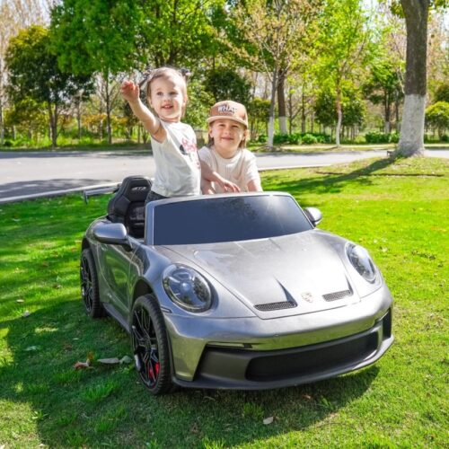 Masina electrica pentru copii cu 2 locuri, Porsche 911 GT3 XXL 24V 640W-brushless, ecran LCD, covorașe si husa cu logo, echipare Lux, Gri Metalizat