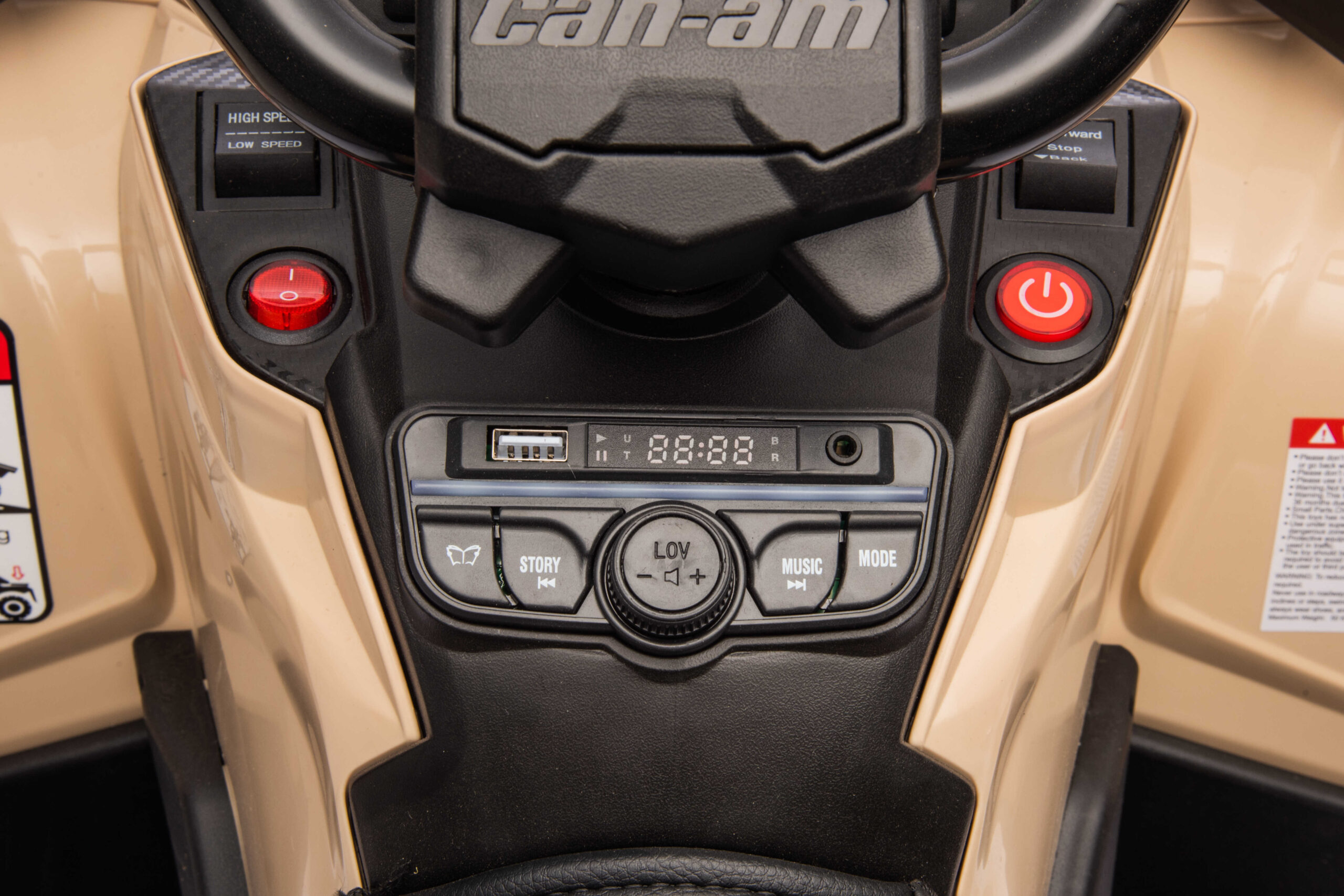 ATV electric copii cu 2 locuri Can-Am Outlander 24V 4x4 800W, roti EVA, scaun piele, Bluetooth, Bej - imagine 10