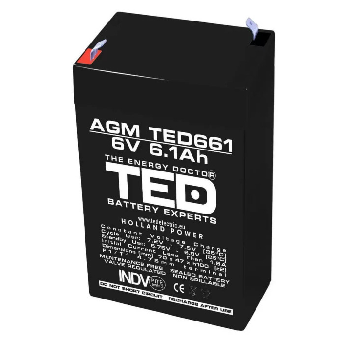 Acumulator pentru masinute electrice 6V/6.1Ah AGM VRLA F1, TED661