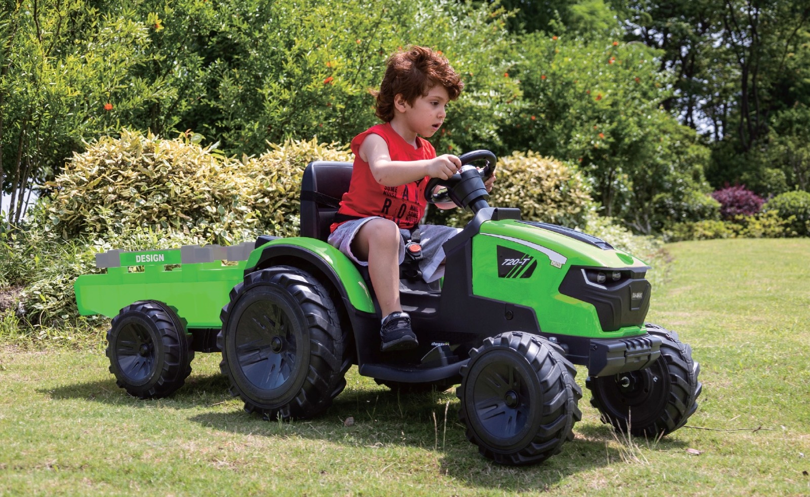 Tractor electric pentru copii cu remorca XXL LUX 720-T, 12V 90W (2068) Verde - imagine 7