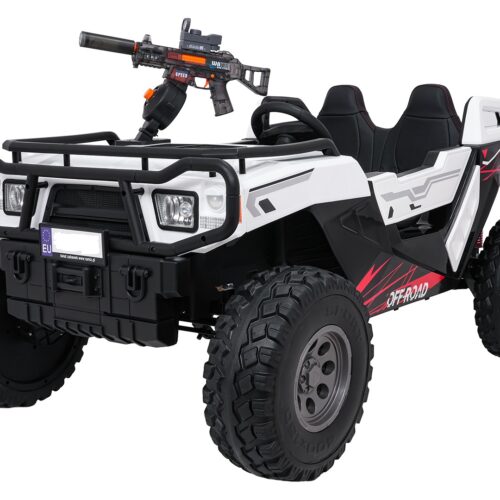 UTV electric pentru copii cu 2 locuri OFF-ROAD XXL 500W 24V 4×4 viteza maxima 15km/h, roti EVA, scaun piele, telecomanda parentala, pistol cu apa, Alb